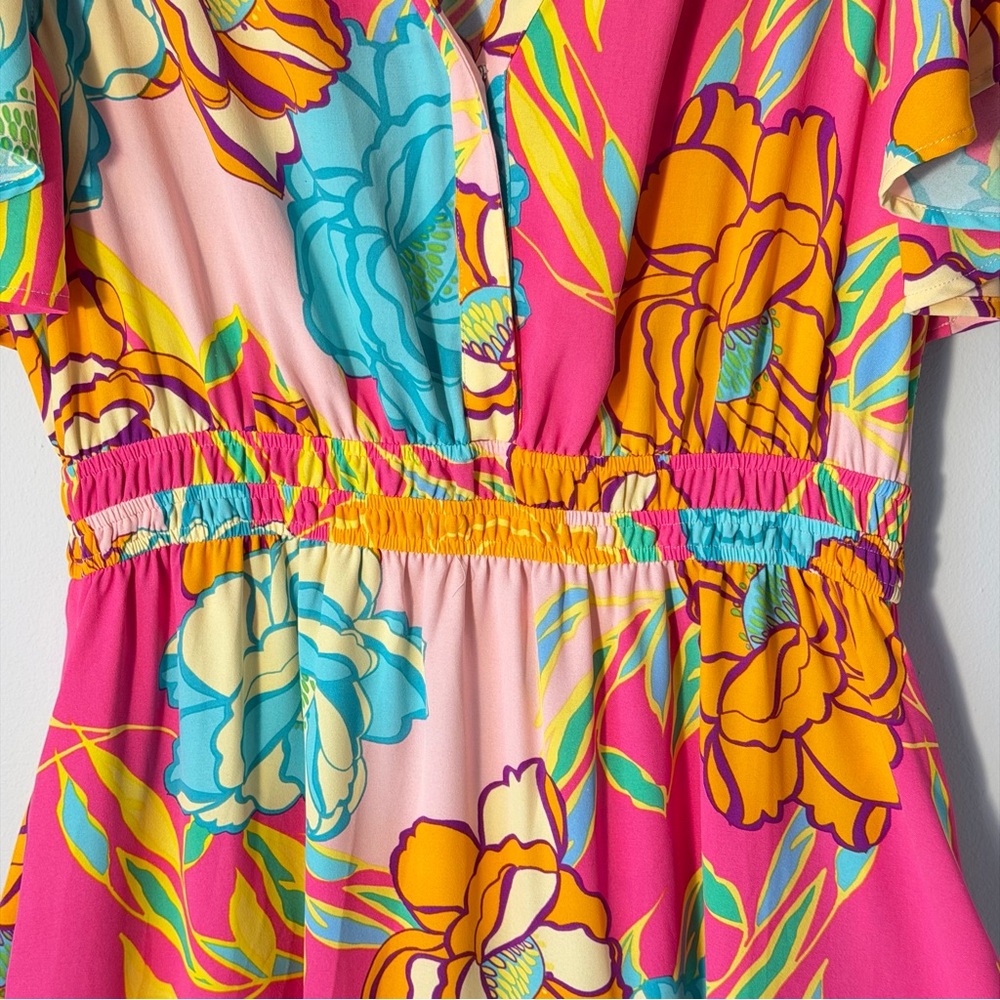 Boho Floral Tiered Maxi Dress Pink Tropical Cottagecore Ruffle Sleeve XL Oddi‎ - Picture 5 of 7